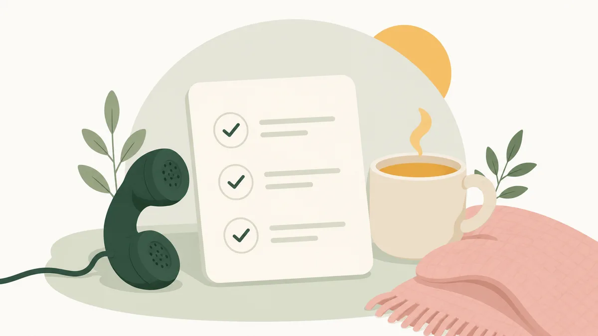 Calm illustration of a checklist beside a phone handset, a cup of tea and a soft blanket in morning light