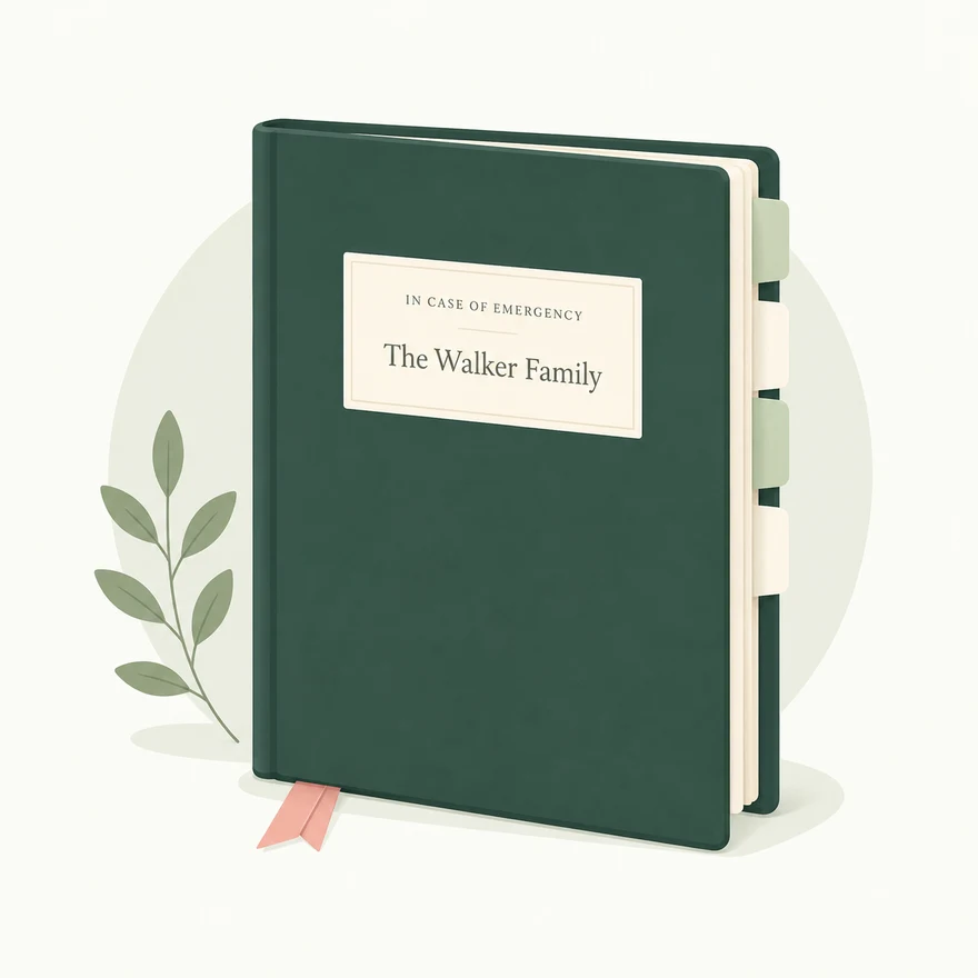 Illustration of a deep green family emergency binder labeled “In case of emergency — The Walker Family”, with tabbed sections and a blush ribbon bookmark
